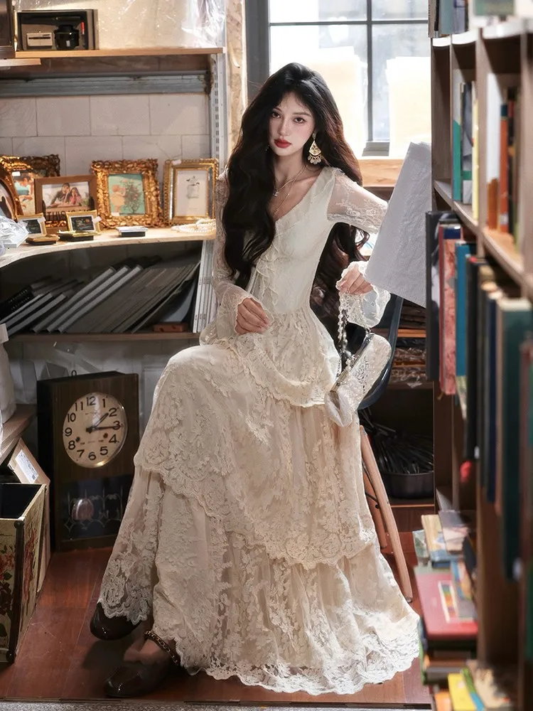 light luxury three-layer tower lace cake heavy industry collar long dress temperament swing