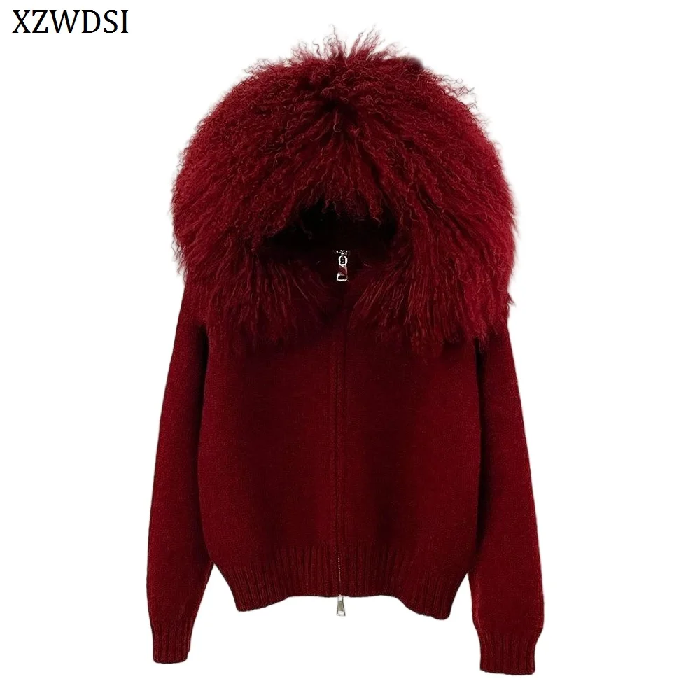 

Women's Winter Autumn Knitted Cardigan Coat Mongolian Lamb Fur Hood Casual Warm Woolen Plain Dyed Sweater Zipper Closure Outwear