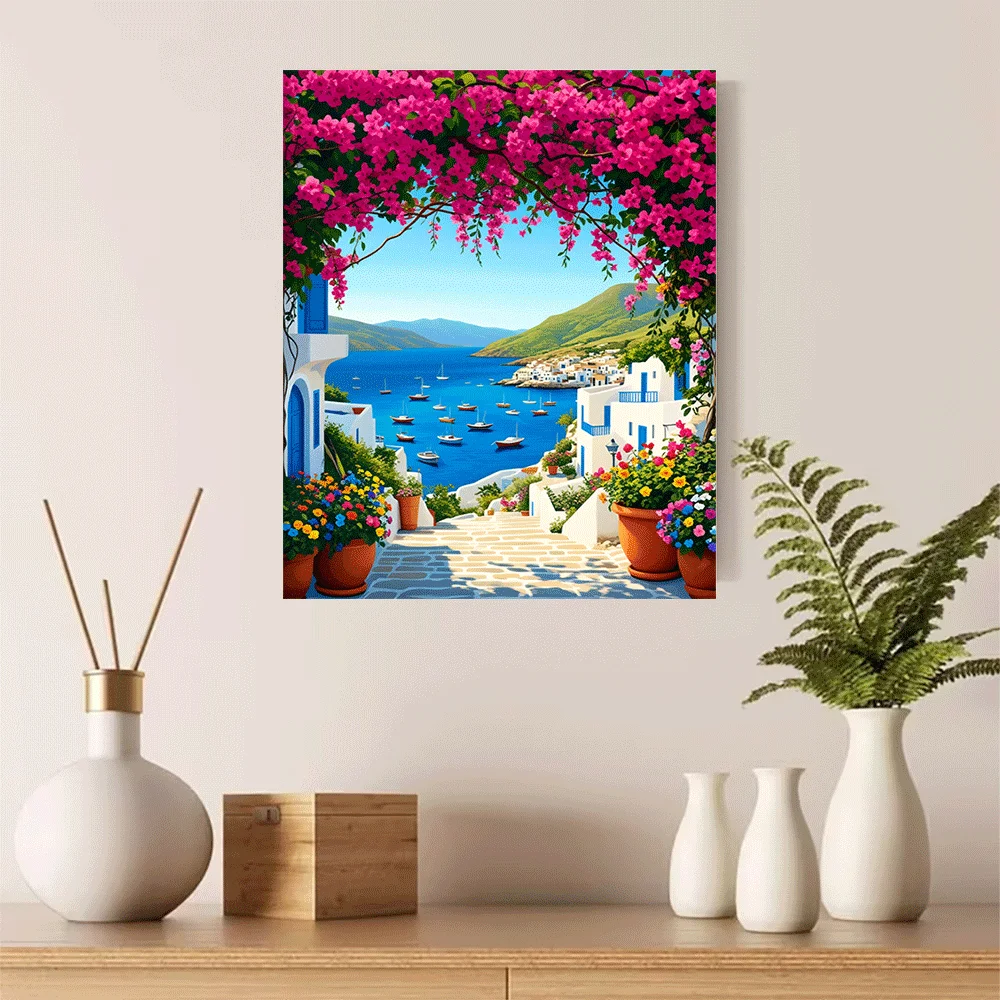 1PC-Canvas poster Unframed  Colorful Mediterranean Village Coastal View With Flowers And Sea Landscape Art Print  summer