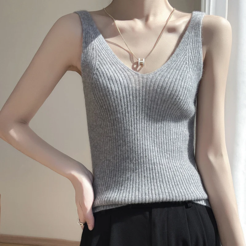 Pure Cashmere Knit Camisole Ladies 2022 Spring New Top V-Neck Slim Sling Thin Inside High-End Vest Stretch Wool Women's Sweater