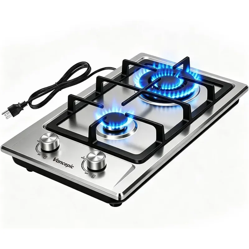 2 Burner Gas Cooktop 12 Inch Stainless Steel Propane Stove Top