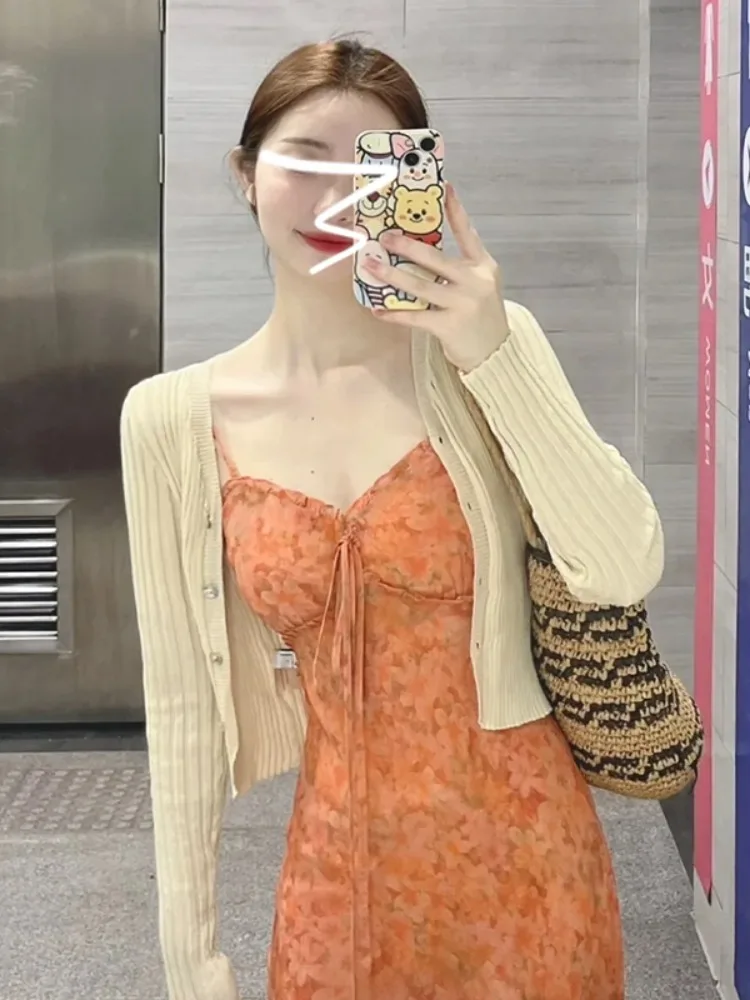 Beach Vaion Stampa floreale Strapl Dr Faion da donna Autunno 2025 New Ele Long Dr Tea Break Casual Lady Sle