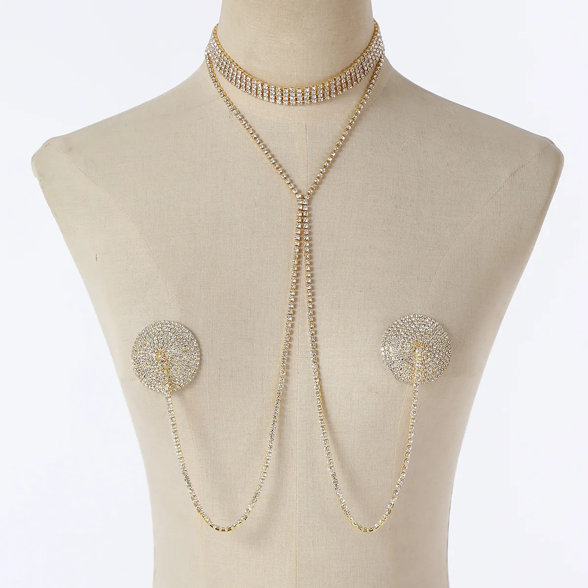 Sparkling Round Crystal Nipple Sticker Choker Multi Layer Rhinestone Body Chain Glamorous Nightclub Festival Body Accessory