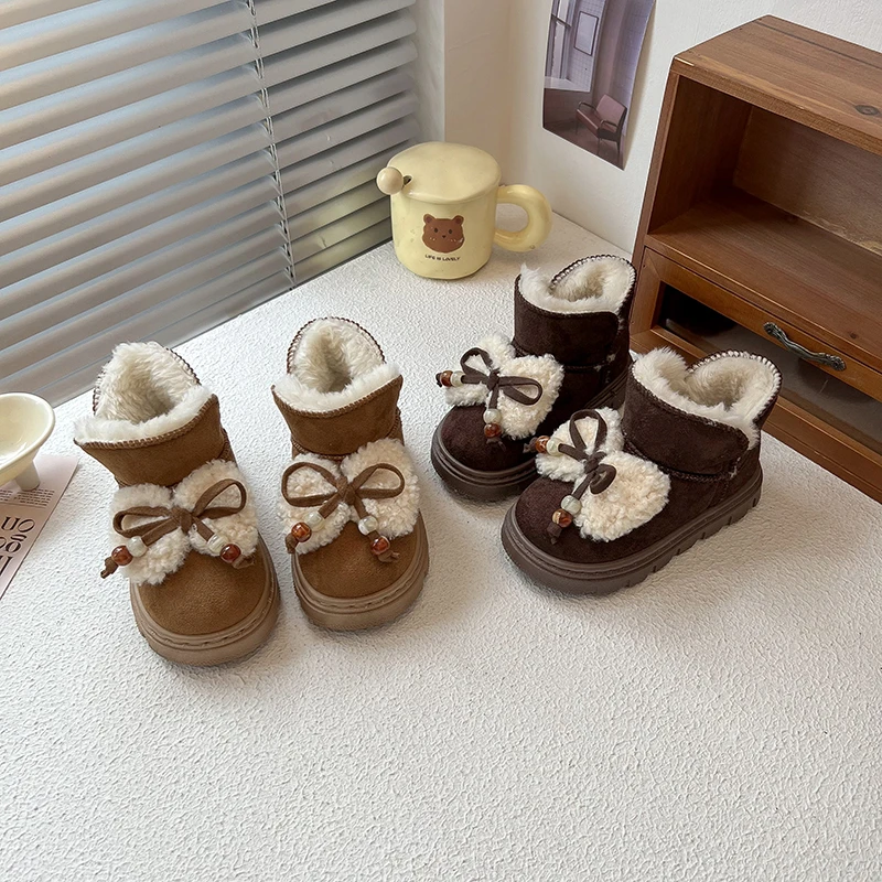 

Little Girls Cozy Plush Leather Boots with Cute Bow 2025 New Winter Kids Warm Cotton Boots Non-slip Versatile School Snow Boots