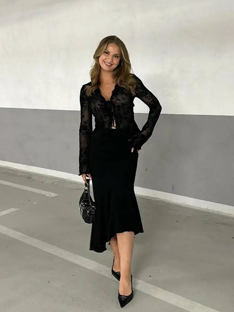 Mulheres S Slim Fit Chiffon Ruffle Trompete Manga Camisa Outono Moda Elegante Top Para Negócios Casual Wear