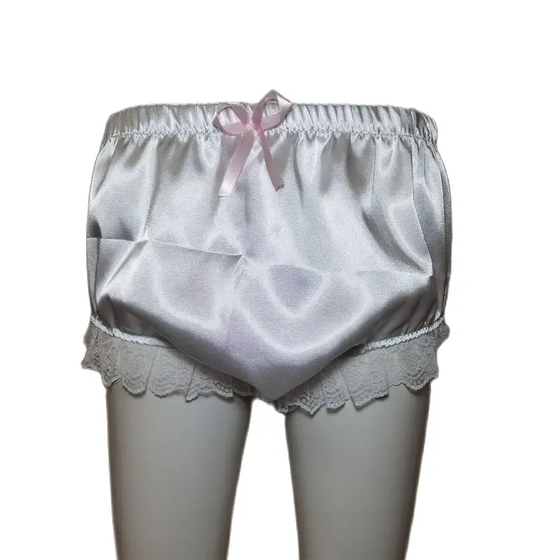 

Hot Selling New Sissy White Satin Underwear with Elastic Waist Pink Bow Knot Inlaid with Sexy Lace Lace Flat Corner Shorts