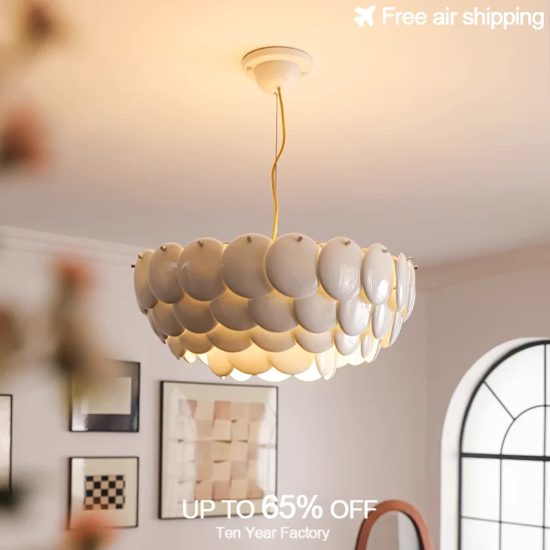 

White Ceramic Round French Artistic LED Chandelier Luxury Ceiling Pendant Light for Living Room Decorative Indoor Hanging Lamp