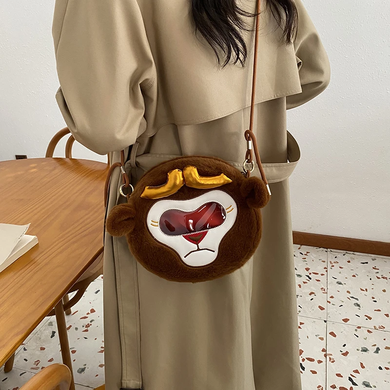 أزياء الجدة الفتيات لطيف القرد أفخم حقيبة كتف صغيرة فروي الهاتف Crossbody محفظة لينة الكرتون الحيوان المرأة حقيبة ساعي