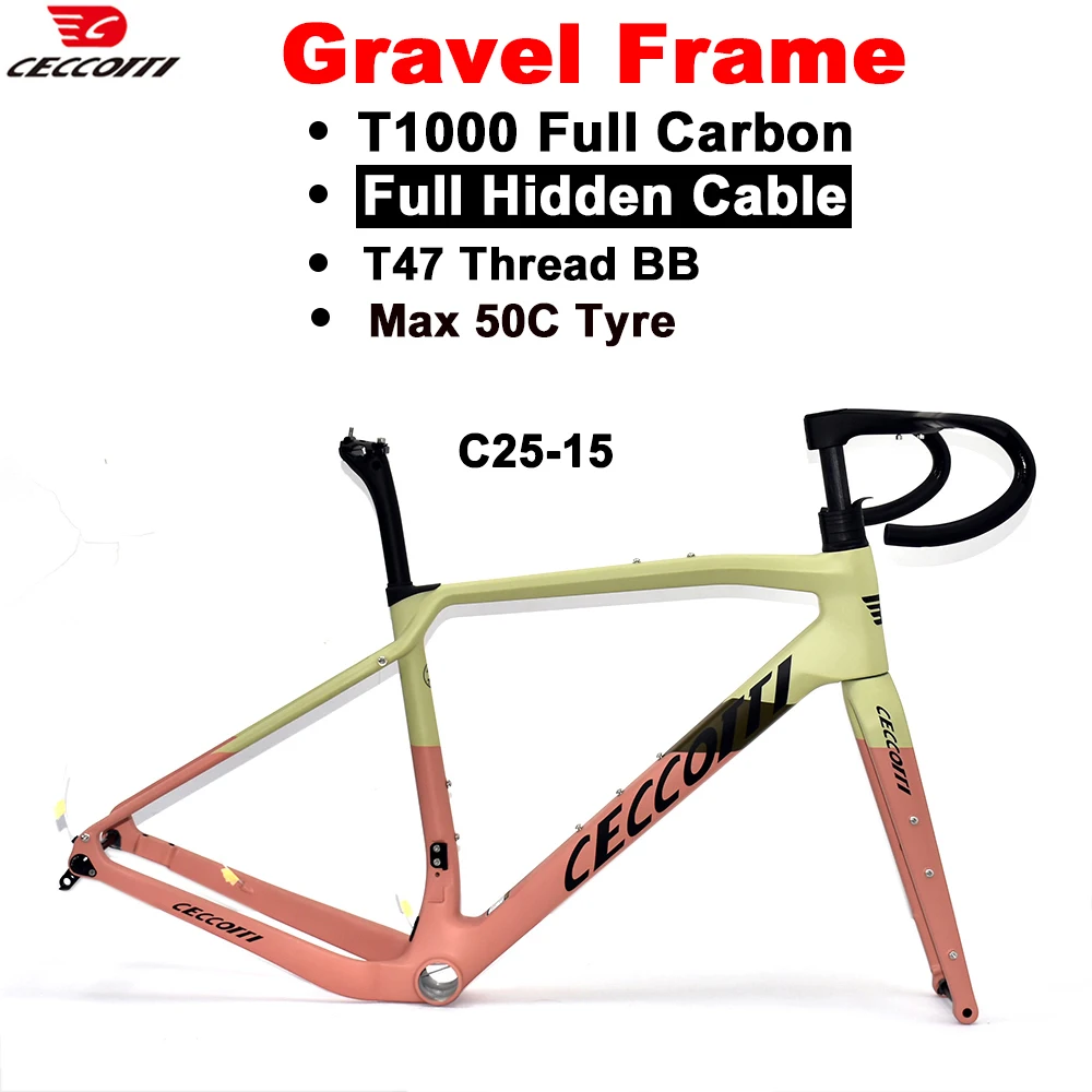CECCOTTI Carbon Gravel Frame Flat Mount Disc Brake T47 Thread BB full Internal Cable Gravel Bicycle Frameset 700C Road Bike