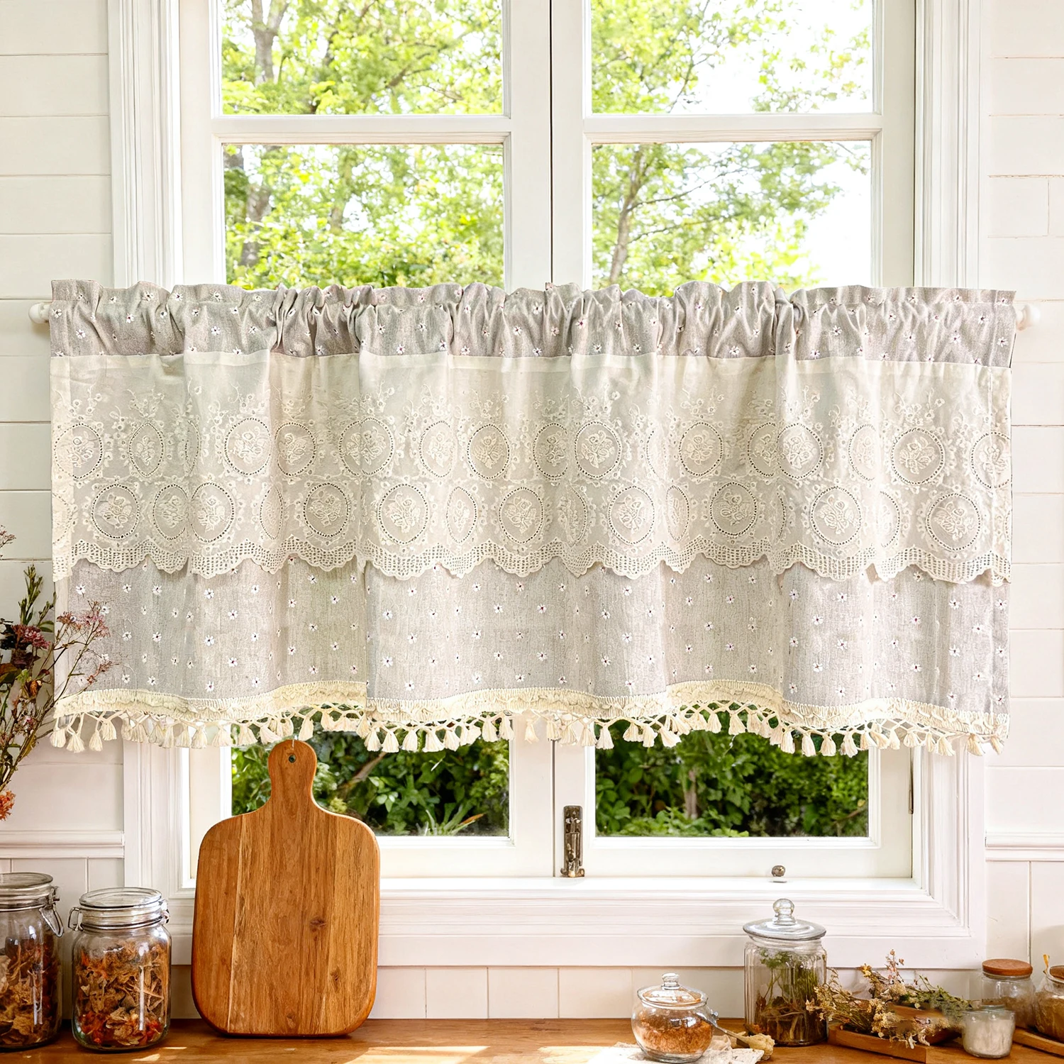 

1PC American Lace Floral Short Curtain for Small Window Drape With Bottom Tassel Cafe Study Home Decoration Blinds