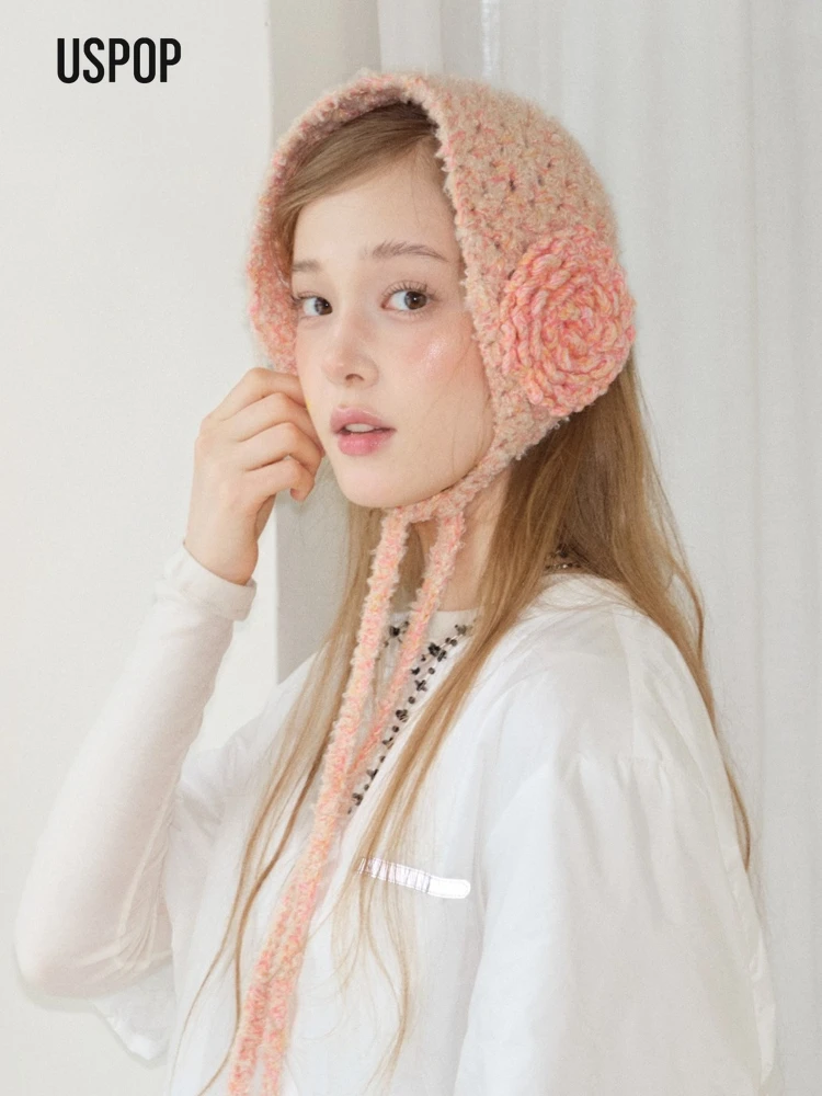 USPOP Winter Crochet Flower Ear Warmers for Women, Handmade Knit Tie-Up Earmuffs, Cute Cozy Ear Covers for Cold Weather