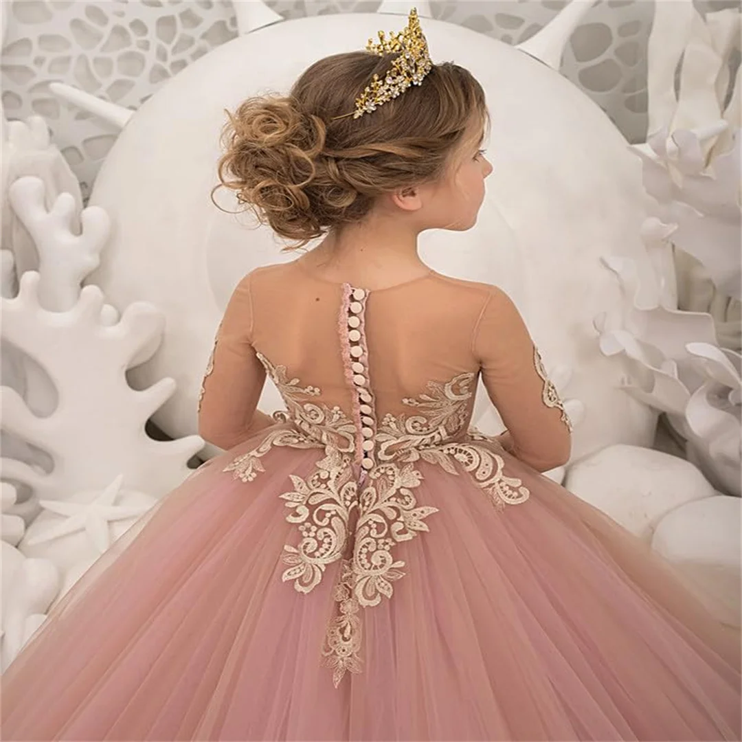 Lace Applique Girls Pageant Dress Tulle Long Sleeves Flower Girl Dress Sccop Tulle Princess Brithday Gowns Long Ball Gown Girl D