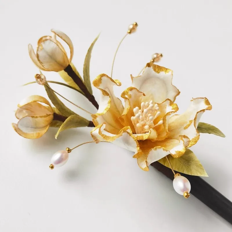 Y – épingle à cheveux en velours pour femmes, design de thé blanc, style chinois, patrimoine culturel immobile, fleur, épingle à cheveux pour couvre-chef finie