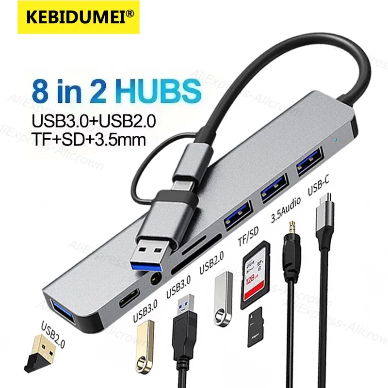KEBIDUMEI USB C Hub USB Splitter 8 in 1 USB 3.0 Extender Multiport USB Adapter with USB-C Port TF SD Card Reader for MacBook Pro