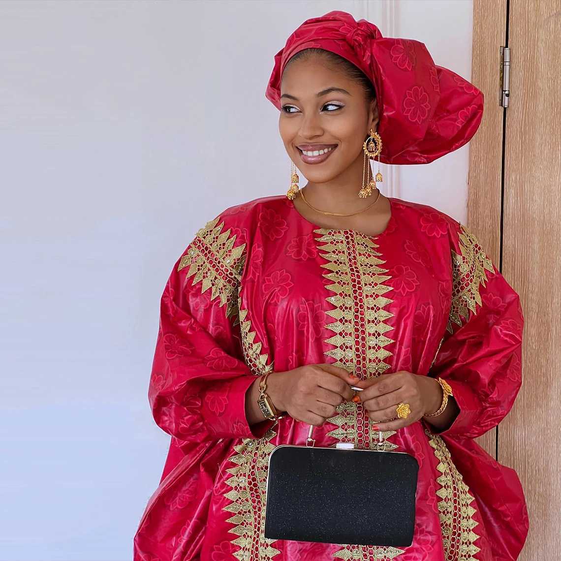 African Red Boubou Bazin Riche Wedding Bride Dress 2023 Latest Nigerian Mali Mix Size Dashiki With Gold Dust Embroidery Gown