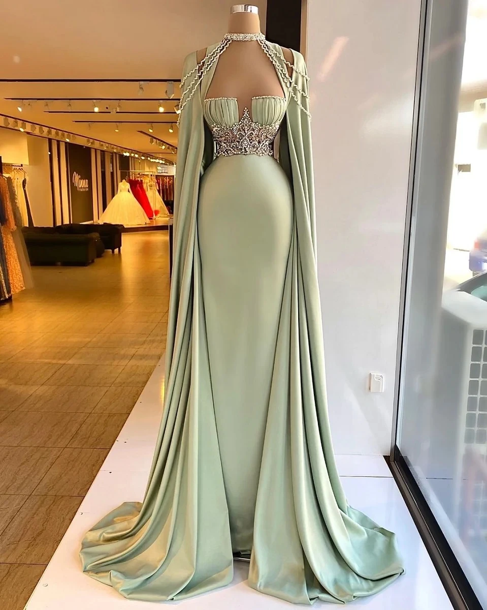 Elegant Mint Green Satin Long Prom Dresses With Cape Delicate Beaded Pearls Formal Party Dress Modest Prom Gowns