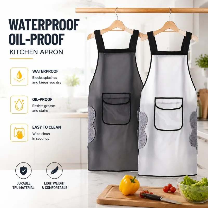 TPU Waterproof Oil-Proof Apron Semi-Transparent Adult Waist Apron for Kitchen Cooking Dishwashing Long Sleeve