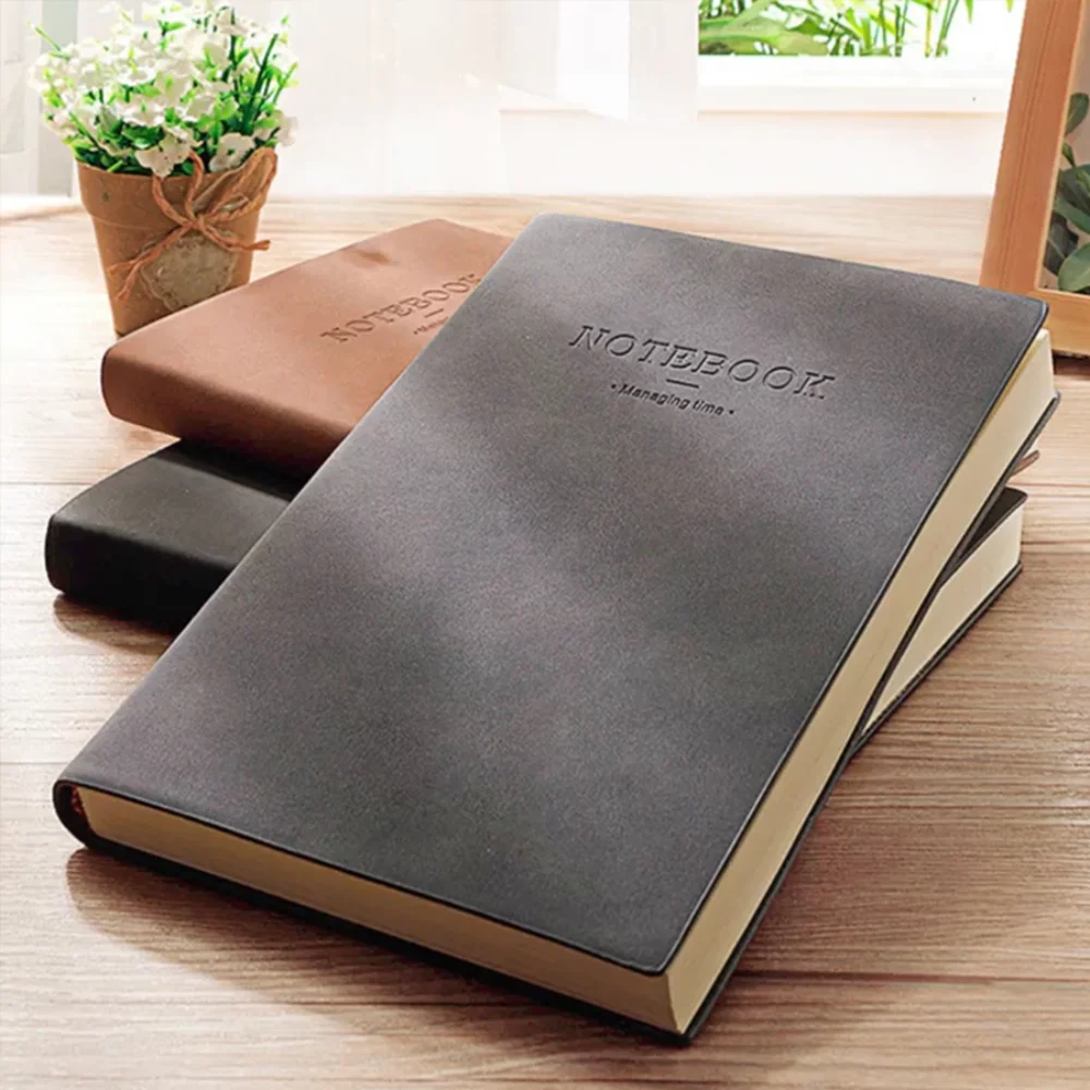 Fashion Leather A4 Notebook Thickened Blank Lined Meeting Record Handbook Soft Cover Student Stationary Agenda Notepad Office