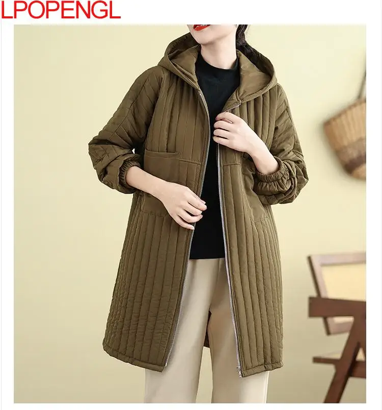 Women\'s 2024 Autumn And Winter New Thickened Hooded Mid-length Warm Long Sleeves Cotton Trench Temperament Versatile Loose Coat