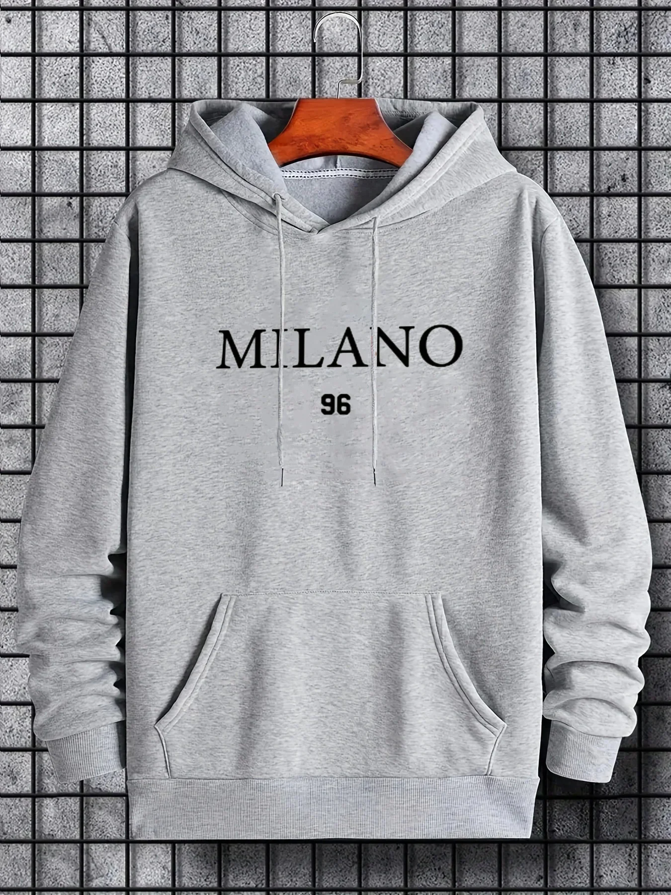 Men\'s autumn and winter fashionable casual loose oversized MILANO 96 printed fleece pullover hooded long sleeved sweatshirt