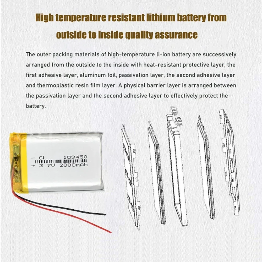 3,7 В 2000 мАч 103450   Липо-полимерная литиевая аккумуляторная батарея для GPS-навигатора MP5 GPS Bluetooth-динамик, гарнитура, электронная книга, камера