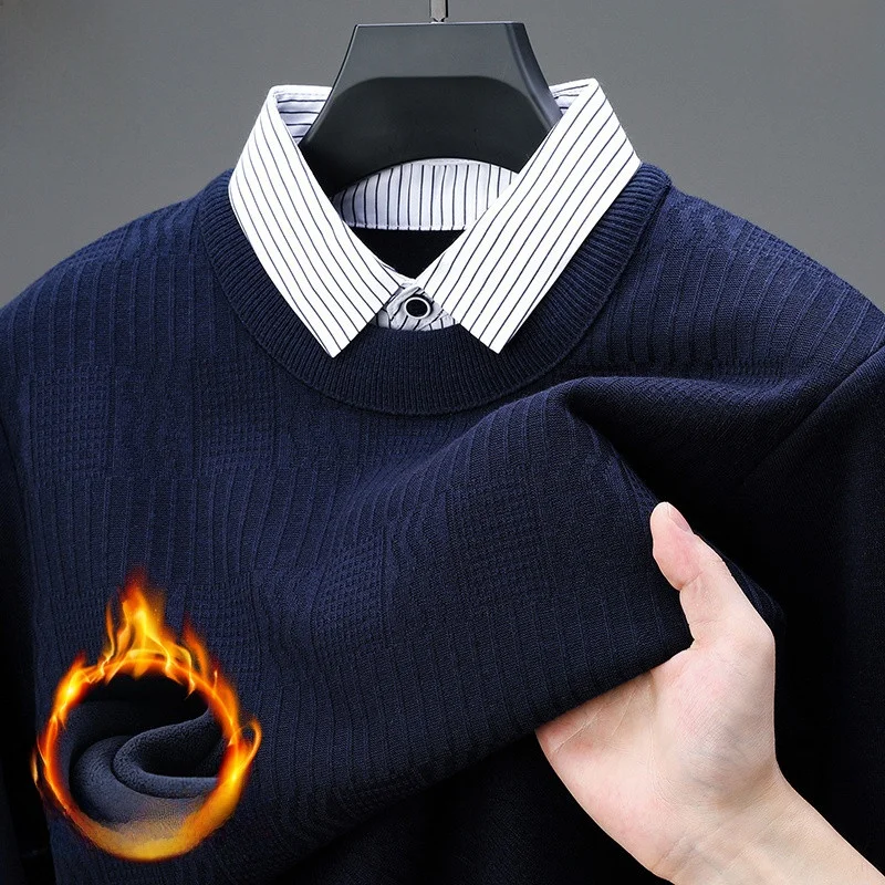 

High-End Faux Two-Piece Knit Sweater Men's Autumn Winter New Sle irt Collar Fce Lined Thi Warm Woolen Base irt Top