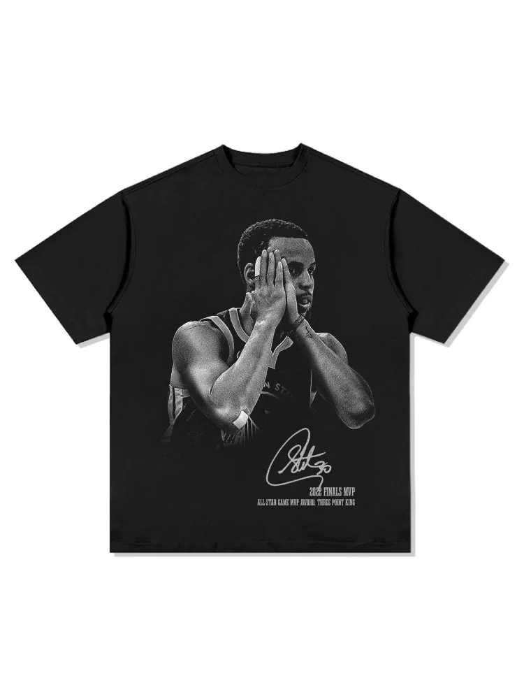 American Hip Hop Curry Signature Action Night American Retro Print Short Men Women Retro Fashion Short Sleeve Top