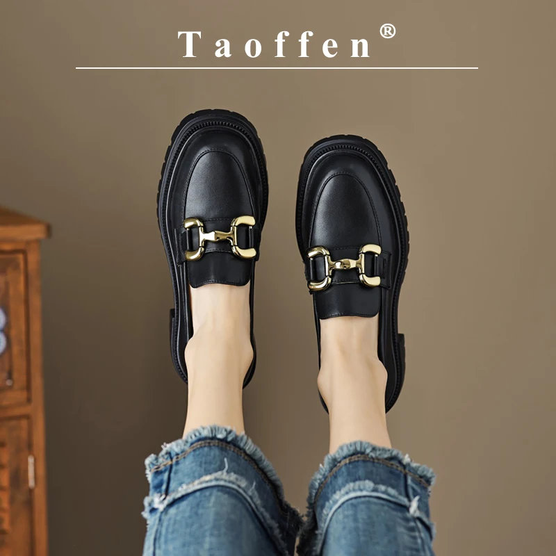 Taoffen Casual Loafers For Women Genuine Leather Square Heel Metal Decoration Pumps Mature Round Toe Slip-On Office Lady Shoes