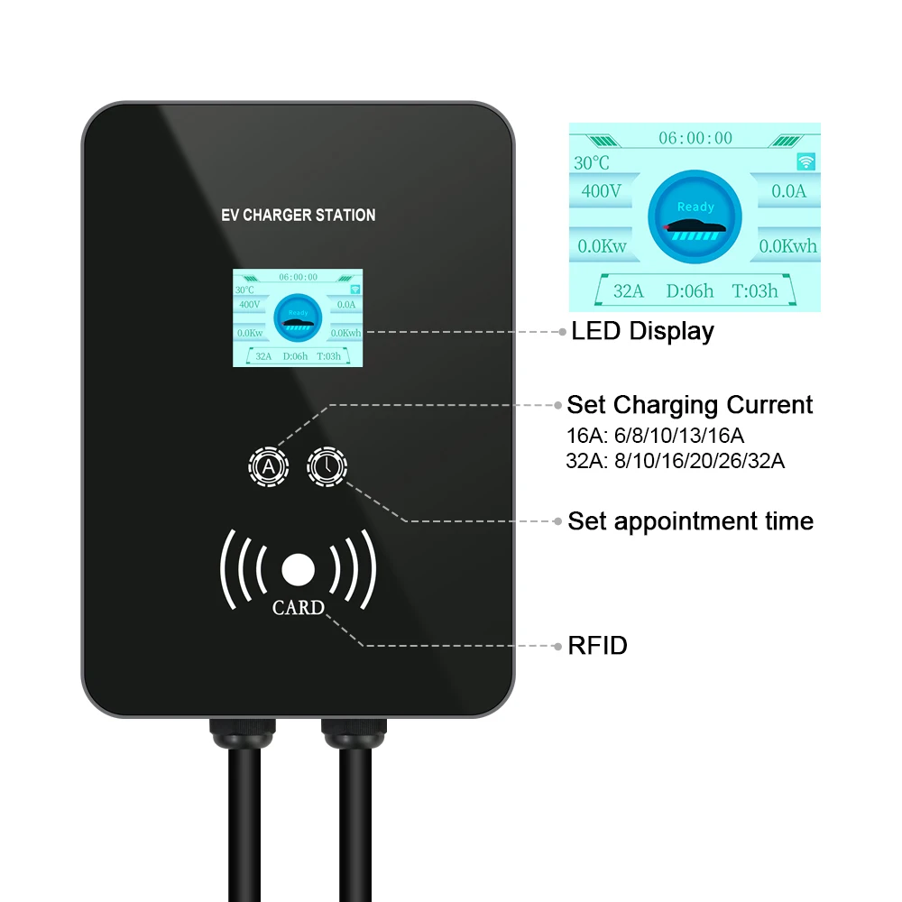 Kolanky EV Charging Station Wallbox 32A 7.2 22KW Tuya APP Type 2 IEC-62169 Home Fast Charger For Eletric Vehicle Length 5M Cable