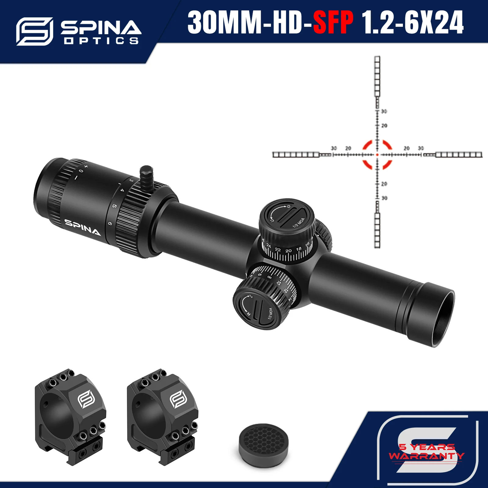 SPINA OPTICS LPVO HD 1.2-6x24 Second focal plane Scope Mid Dot Dual Purpose Scope Red Dot Sight Quick focus Etched Glass Reticle