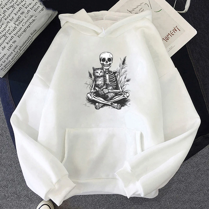 

Retro Skull Print Hoodie Men's Fashion Hip Hop Loose Sweatshirt Cat Casual Sweatshirt Pocket Fleece Harajuku Streetwear