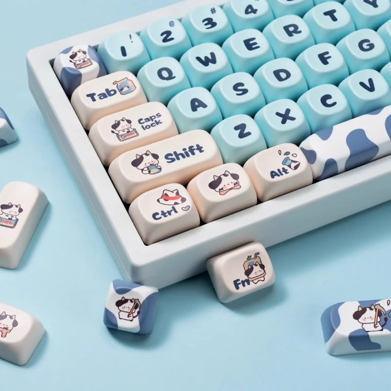 Cute Blue Cow Ranch Key Caps Set MOA Contour PBT Dye Sublimation Keycaps for Mechanical Keyboard Accessories Ideal Girls Gifts