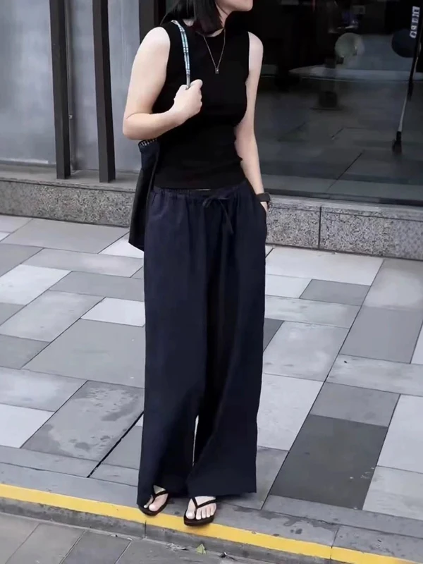 

Slimming Effect Summer New round Ne Svel Fit T-irt Top Loose Dstring Versatile Thin Casual Wide Leg Pants Women