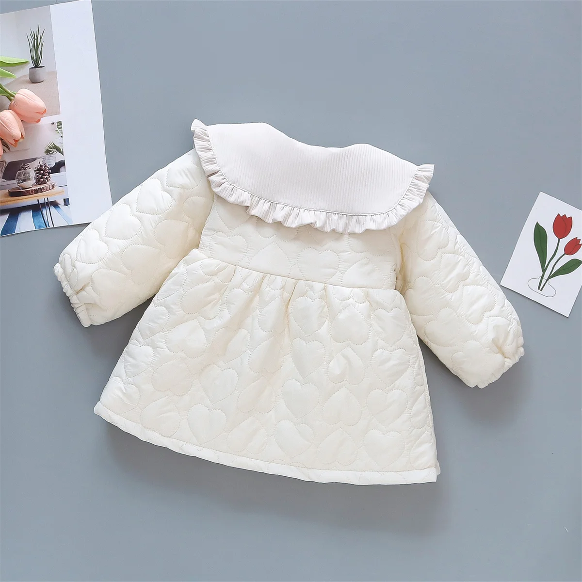 Winter Girl Baby Cute Rabbit Cartoon Cotton Coat Full Of Love Lace Doll Tie Small Accessories Solid Loose Sweet Cotton Coat