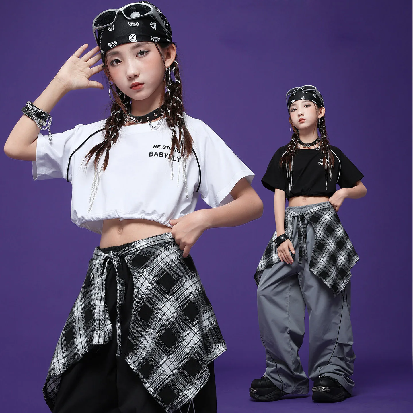

Kid Kpop Hip Hop Clothing White Black Crop Top T Shirt Top Gray Street Line Parachute Pants for Girl Jazz Dance Costume Clothes