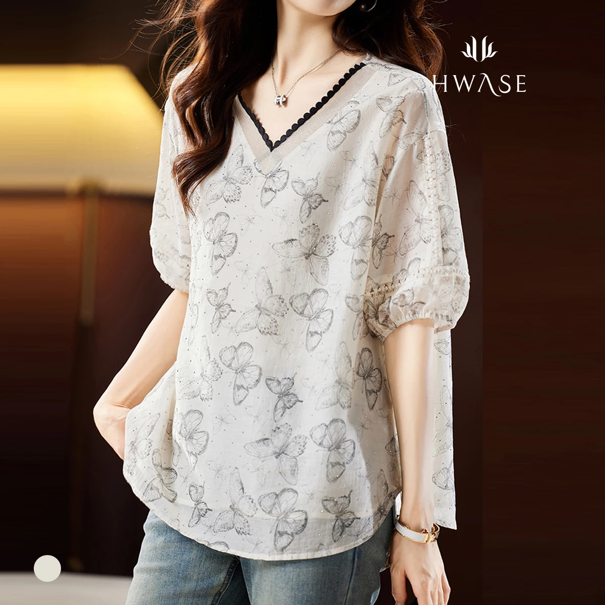 Flate (up to 77) fly-neck blouse _ HB4MBL193C