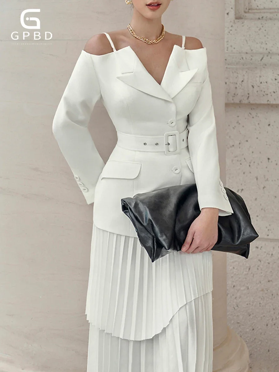 

Two Piece Sets for Women V Neck Long Sleeves Spliced Pockets Top High Waist Patchwork Folds Irregular Skirt Female