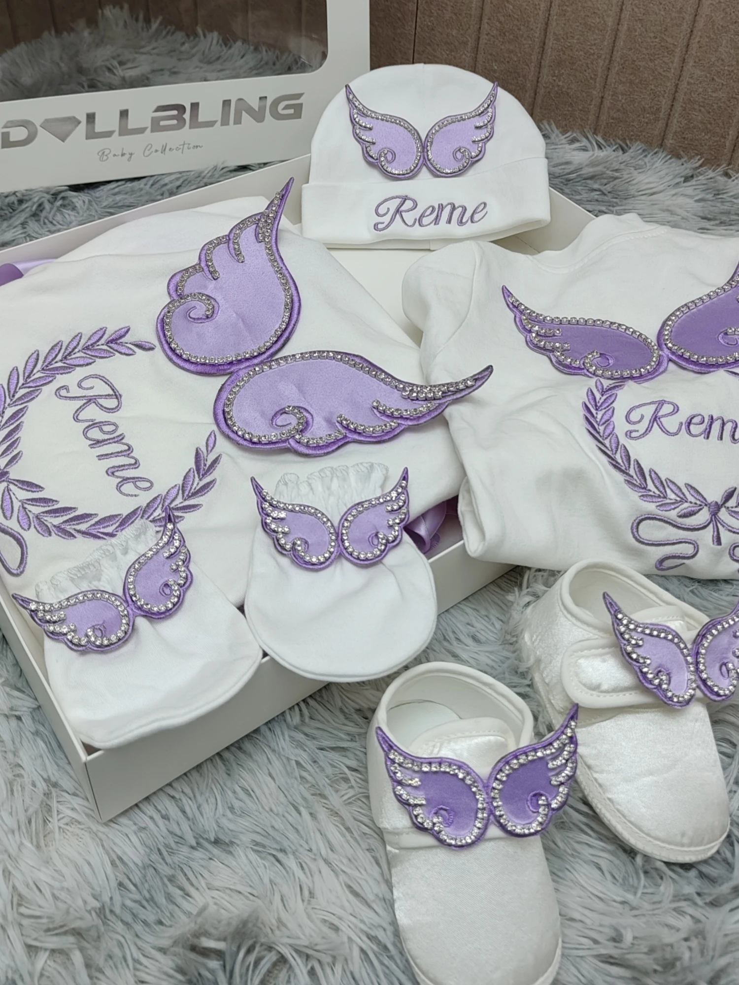 5Pcs Blessed Personalized Purple Angel Wings Newborn Layette Set Embroidered Blanket Booties Mittens Hat Baptism Outfit Gift