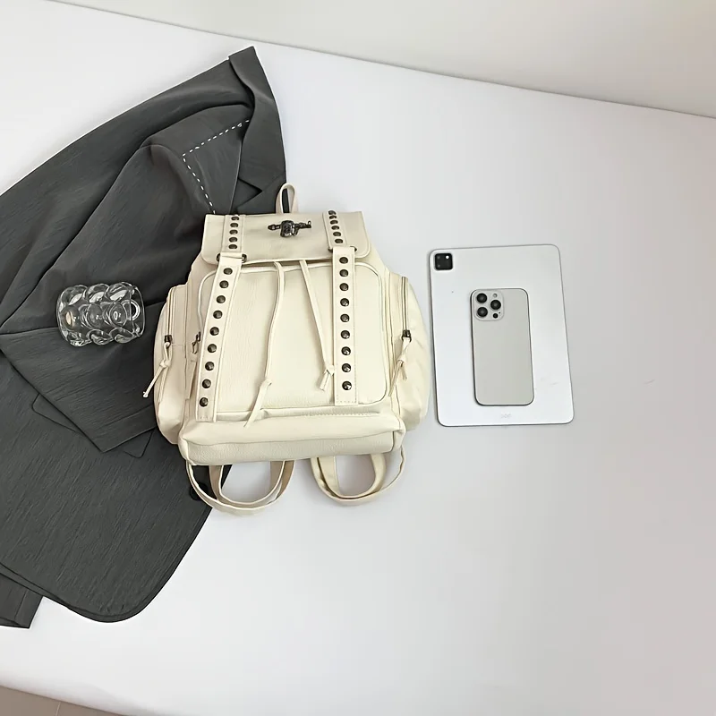 1pcs PU Backpack Soft Leather Large Capacity Bag Cross Ornament Drawstring Flip Shell Multi Side Pockets Store  Trinkets