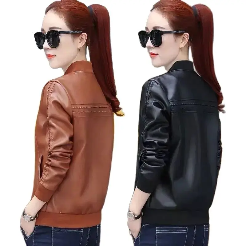 2023 Spring Autumn New PU Motorcycle Leather Coat Women Short Zipper Casual Tops Fashion Wild Baseball Uniform Leather Jackets