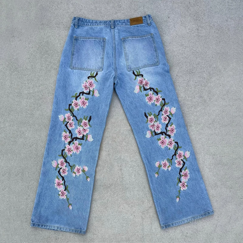 

Y2K Denim Pants Harajuku Sakura Pattern Embroidery Jeans Men Women Retro High Street Casual Straight Leg Pants Unisex Streetwear