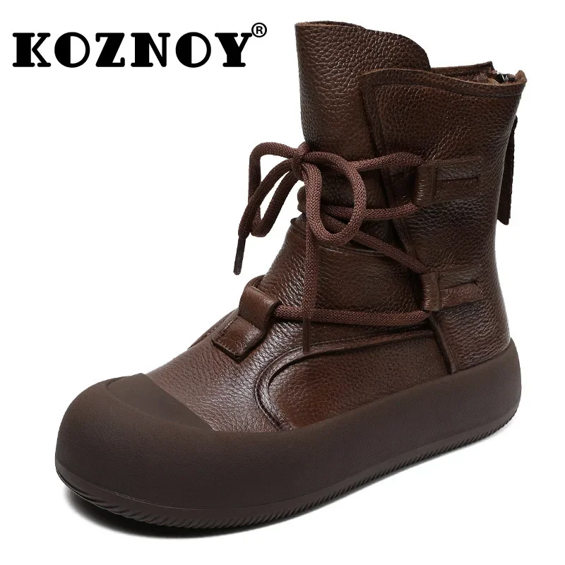 

Koznoy 4cm Ankle Boots Cow Genuine Leather Winter Plush Knee High Women Autumn Fashion Motorcycle Platform Wedge Spring Shoes