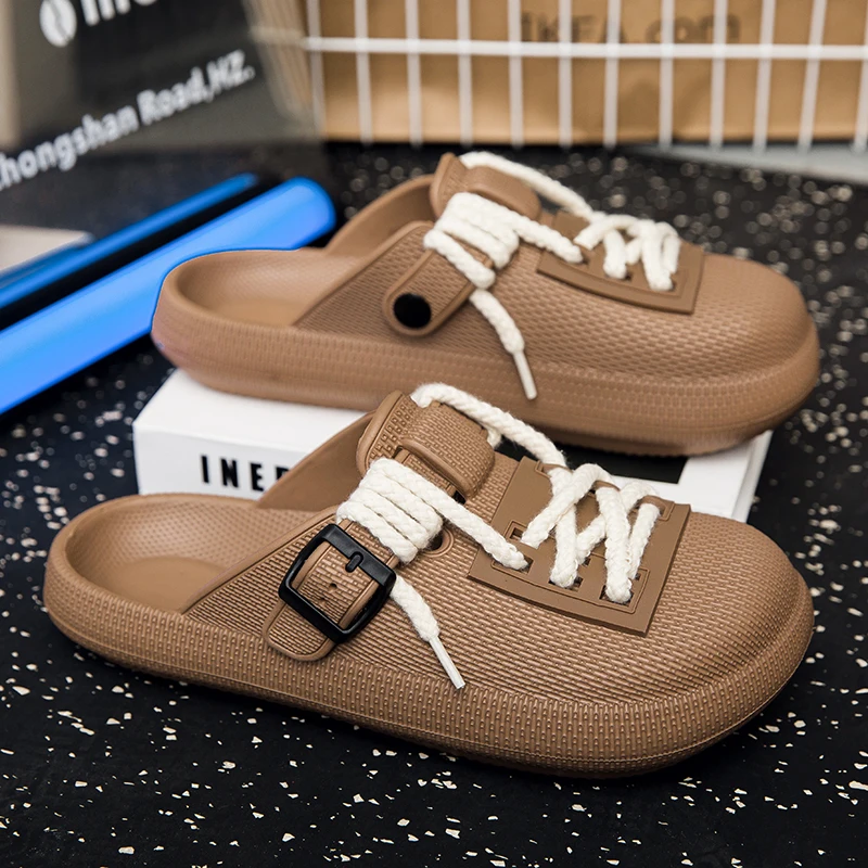 Men's breathable slip on casual slippers summer soft-sole anti-slip outdoor walking slippers fashion youth sports semi-slippers