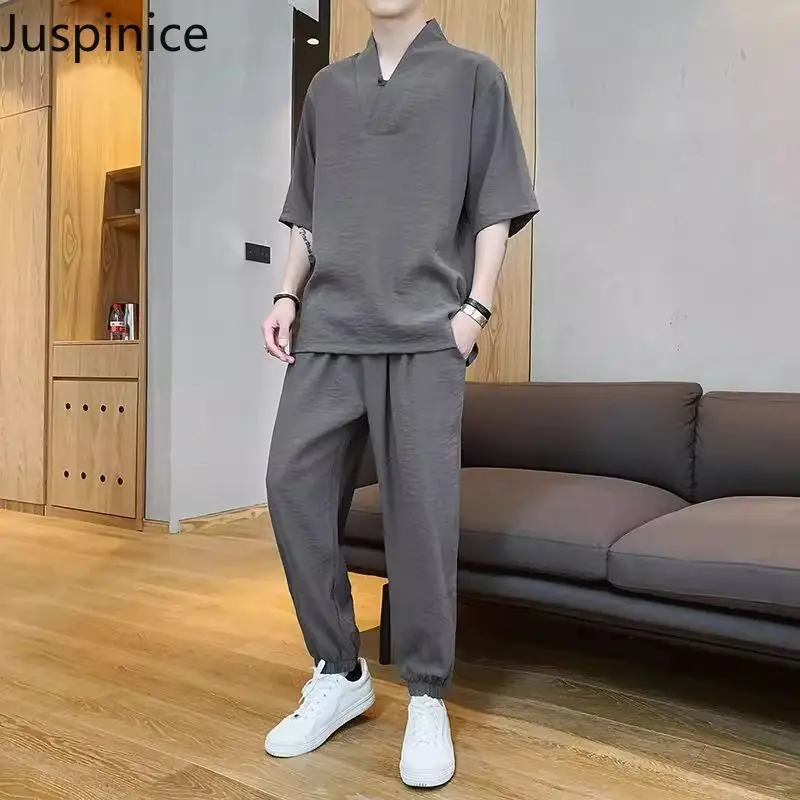 

Chinese Style Ice Silk Short-sleeved T-shirt Pants Set Men's Oversize Loose Casual Simple High Street Personalized Tops Trousers