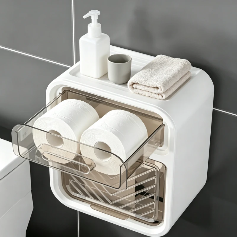 Double-Tier Wall-Mounted Toilet Paper Holder Multifunctional Tissue Box Waterproof Moisture-Proof Ideal for Bathrooms Bedrooms