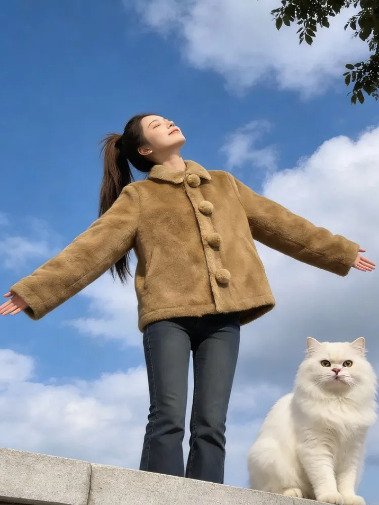 

Корейское свободное зимнее пальто для женщин: утепленное, пушистое, с длинными рукавами, с воротником, теплая верхняя одежда для повседневной носки