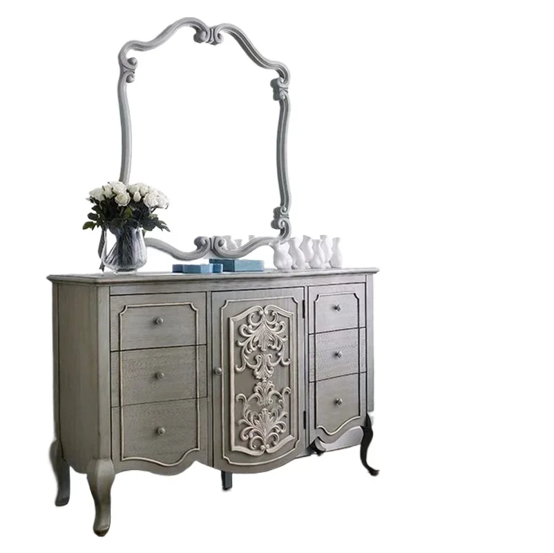 

Solid wood dresser, American retro carved mirror dressing table, bedroom six-bucket locker