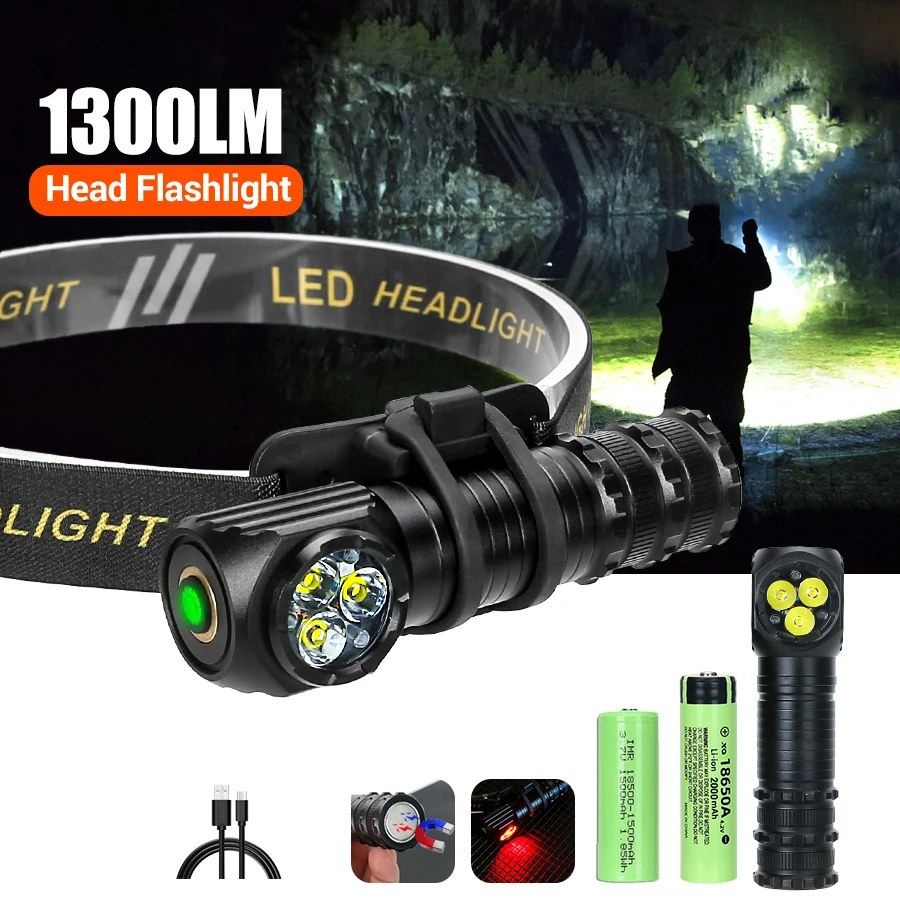 Powerful 3LED Headlamp 1300LM Type-C Rechargeable Headlight with Magnet Tail Use 18650 or 18500 Battery Outdoor Camping Lantern