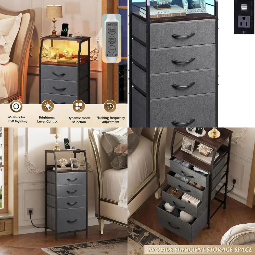 

Тумбочка со светодиодной подсветкой, зарядным портом и высоким комодом с 4 ящиками темно-серого цвета