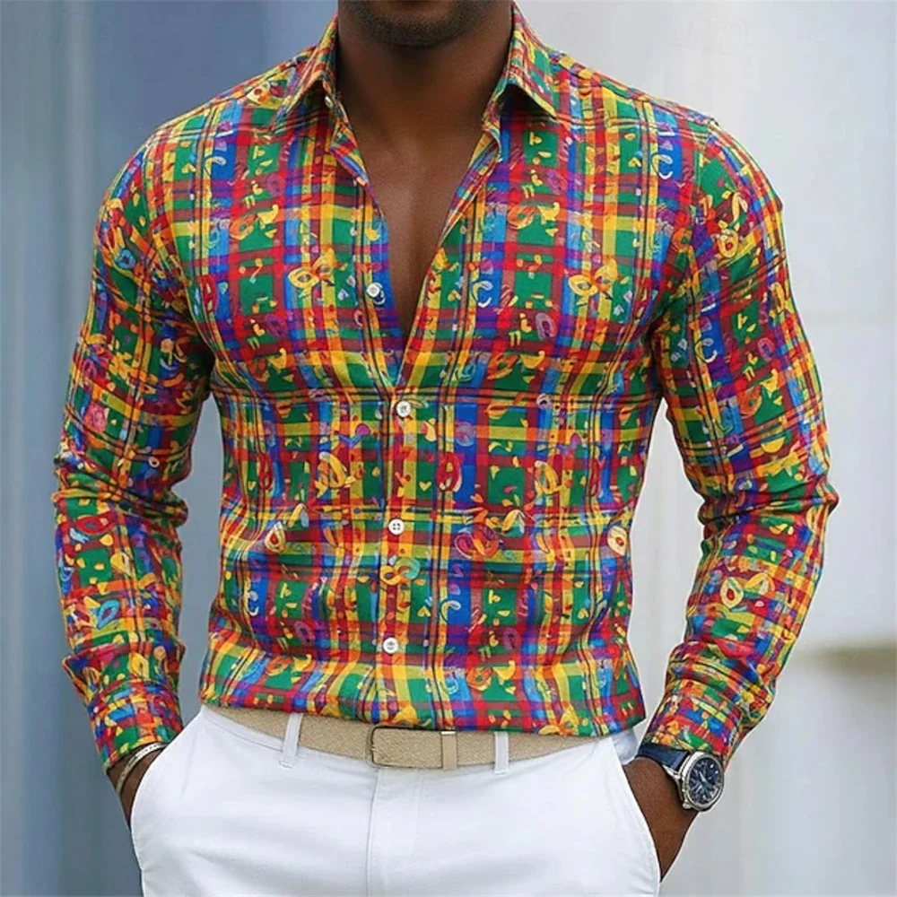 

Carnival Men's Plaid Button-Down Casual Long-Sleeved Shirt, Hawaiian Style, Comfortable and Versatile, Suitable for Outdoor Vaca